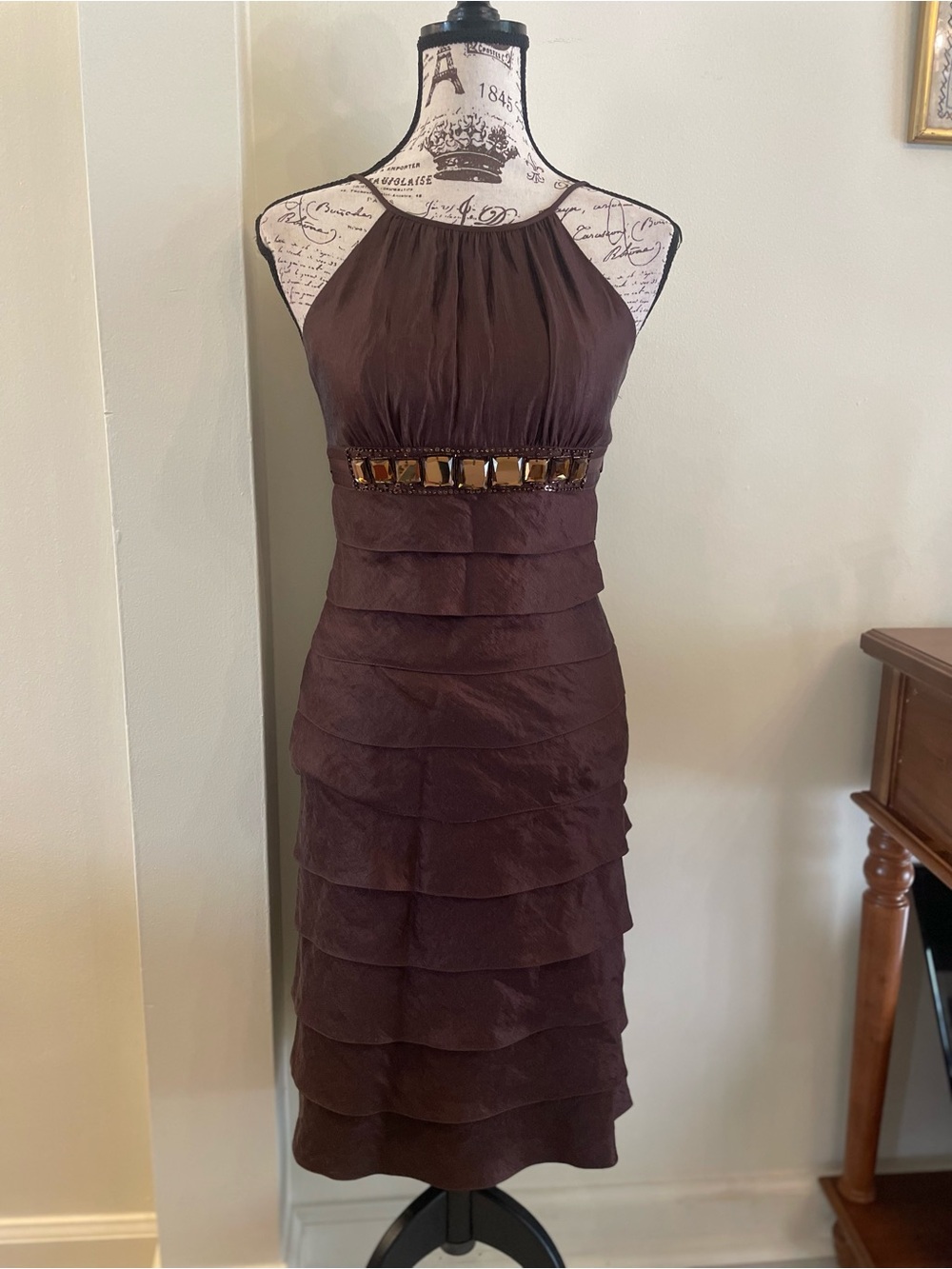 Cache Y2K Shimmering Copper Brown Halter Dress ~ Jewel Waist ~ Tiered ~ 2